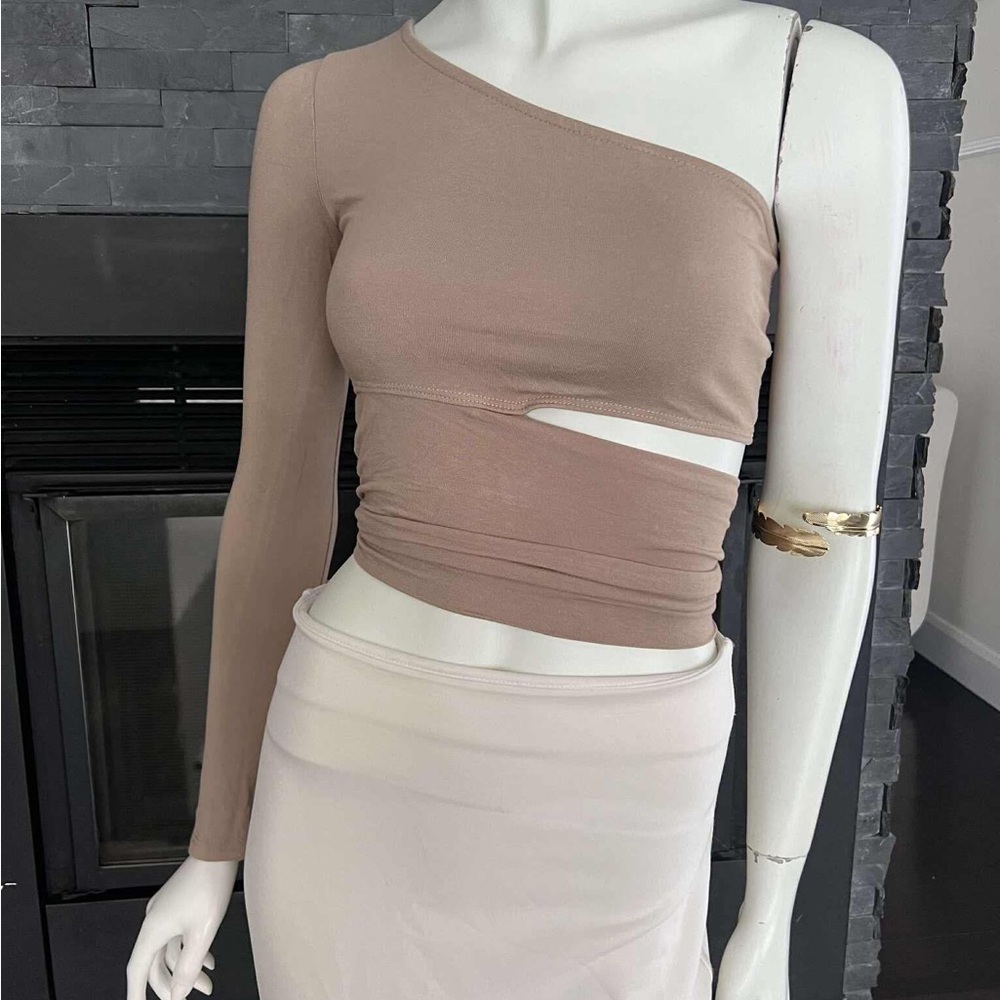 Taupe One-Shoulder Long Sleeve Wrap Crop Top Cutout Asymmetrical Stretch Blouse